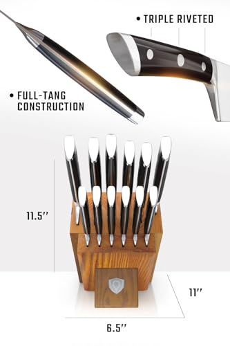 Dalstrong 12-Piece Elite Knife Block Set — German High-Carbon Steel, Full-Tang, Hand-Polished — Chef + Santoku + Nakiri + Boning + Fillet + 6 Steak — Gladiator Series Manchurian Ash Block, NSF - color: Black, size: 12-Pc