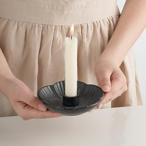 Ceramic Taper Candle Holder, 4.72 in Polished Round Base Tray | Use with incense or palo santo to create a calm tabletop setting for dinners, meditation or seasonal displays. - color: Black