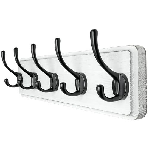 Coat Rack Wall: Patented, Heavy-Duty, 17.4" Long 5-Double-Hooks Wooden Wall Mounted Coat Rack Coat Hanger Hook Rail for Winter Coats Hat Jacket Clothing, White & Black - color: White & Black, size: L=17.4" (1pcs)