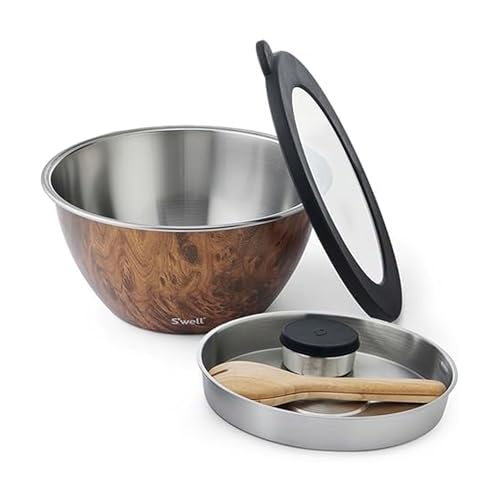 S'well Stainless Steel Salad Bowl Kit XL 184oz, Teakwood, Includes 5oz Canister For Dressing, Serving Utensils, and Removable Tray, Leakproof, Easy to Clean, Dishwasher and Refrigerator Safe - color: Teakwood, size: 184oz
