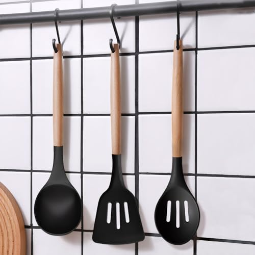 Silicone Cooking Utensils Set of 5, Heat Resistant Silicone Kitchen Utensils Set with Wooden Handle, BPA Free Spatula Spoon Turner Ladle Cooking Kitchen Gadgets for Nonstick Cookware & Baking - color: Black, size: Standard 5-Piece Set