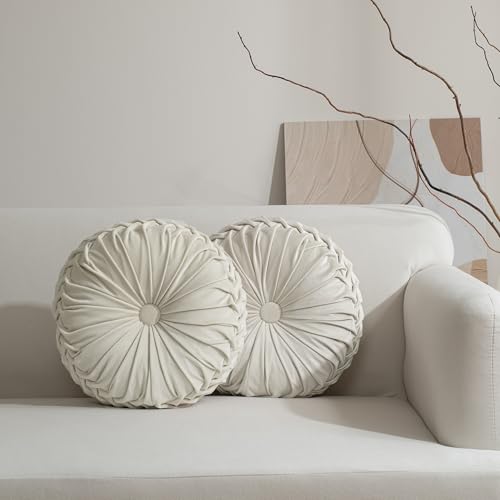HIG Set of 2 Beige Velvet Decorative Round Pleated Throw Pillows | Vintage Floor Pillows, Classy Accent Pumpkin with Center Button, for Sofa Couch Vanity Chair Bed, 14.5" Diameter - color: Beige