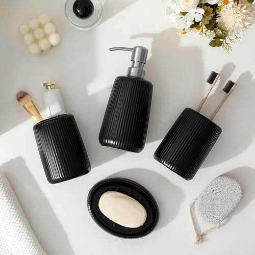 vancasso Ceramic Bathroom Accessories Set 4 Piece, Soap Dispenser with Stainless Steel Pump, Toothbrush Holder, Tumbler and Soap Dish, Modern Relief Design, Bathroom Decor Organizer, Black - style: Black