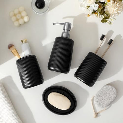 vancasso Ceramic Bathroom Accessories Set 4 Piece, Soap Dispenser with Stainless Steel Pump, Toothbrush Holder, Tumbler and Soap Dish, Modern Relief Design, Bathroom Decor Organizer, Black - style: Black