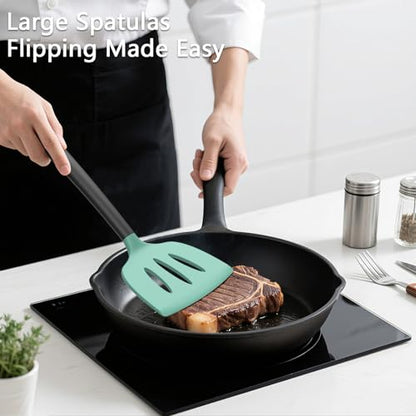 Coukre 3 Pack Silicone Spatula Set, Heat Resistant to 500°F, BPA-Free | Fish Spatula, Solid & Slotted Turners, Dishwasher Safe, Spatula Set for Eggs, Pancakes, Fish & Burgers, AquaGreenBlack - color: AquaGreenBlack