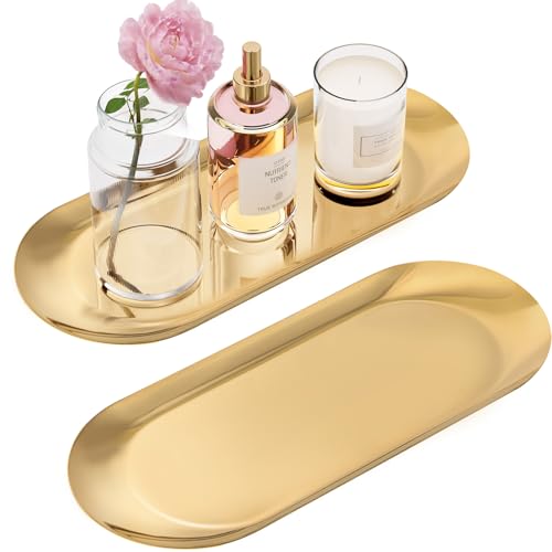 Gold Decorative Tray, 2 PCS Bathroom Vanity Tray for Dresser Counter, Elegant Jewelry Dish Tray for Decor, Gold Platter Serving Tray Organizer for Perfume Trinket Key Candle, Stainless Steel, Oval - color: Gold