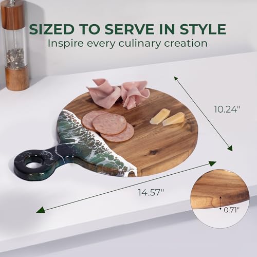 Acacia Wood Serving Board with Ocean Resin Art, 14.6" x 10.2" Charcuterie Cheese Tray for Display & Prep, Cutting Board on Back, Includes Stand & Loofah, Christmas Housewarming Gift (Round) - color: Round Cutting Board, size: Small