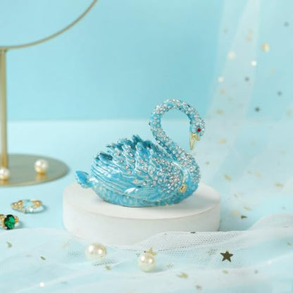Skyblue Swan Trinket Boxes Hinged Enamel Small Jewelry Box Hand-Painted Collectible Swan Figurines Craft Gift for Women - color: Skyblue