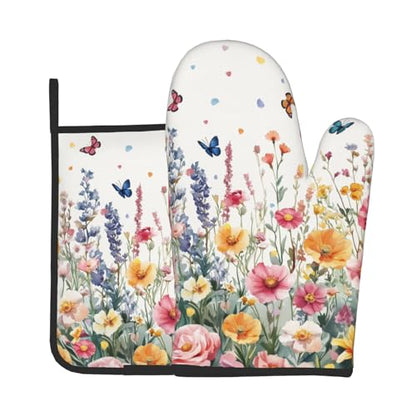 Giwawa Spring Flower Oven Mitts and Pot Holder Kitchen Accessories Sets Botanical Floral Heat Resistant BBQ Cooking Oven Gloves Washable Hot Pads - color: Botanical Floral
