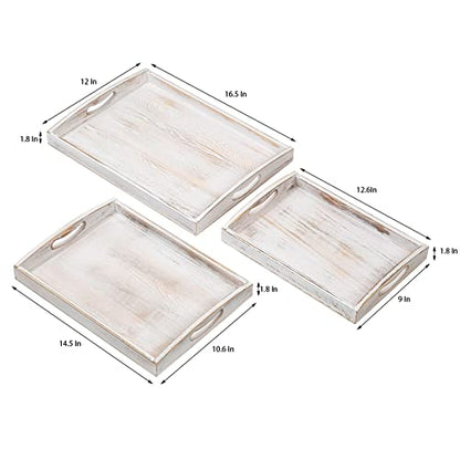 Country Rustic Wood Nesting Dinning Breakfast Serving Trays with Wood Handles, Set of 3,Can Put Food, Fruit, Plates - color: Washed White