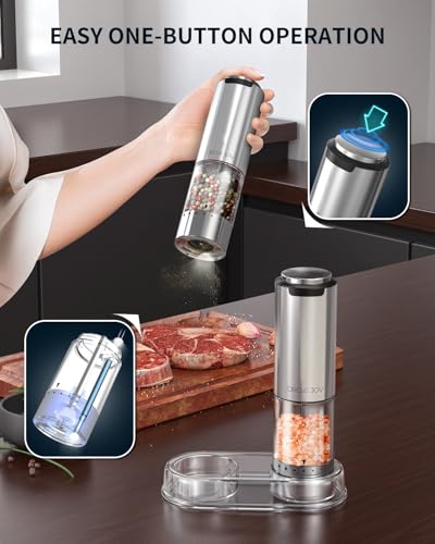 CIRCLE JOY Rechargeable Electric Salt and Pepper Grinder Set with Base, Stainless Steel Pepper Mills with 95ml Container, White LED Light and External Adjustable Coarseness, Silver - color: Rechargeable Set with Base