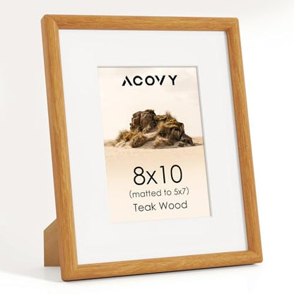 Acovy 8x10 Picture Frame, Natural Solid Teak Wood 8"x10" Photo Frame for Wall, Handcrafted Wooden Frame 8 x 10 Matted to 5x7, High Definition Tempered Glass, Wall Hook Included, Natural Teak - color: Teak, size: 8"x10"