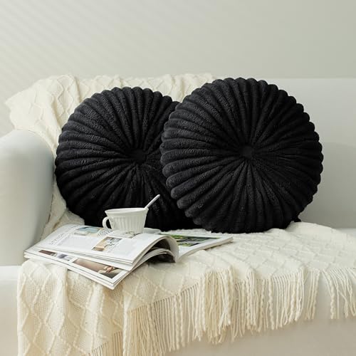 HIG Set of 2 Black Flannel Decorative Round Pleated Throw Pillows | Vintage Floor Pillows, Classy Accent Pumpkin with Center Button, for Sofa Couch Vanity Chair Bed, 14.5" Diameter - color: F-black