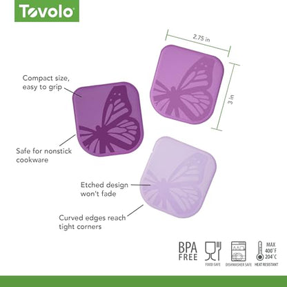 Tovolo Plastic Scraper Tool Set of 3 Butterflies for Pots Pans Dishes and Bakeware, Easy to Clean Dishwasher Safe BPA Free Scratch Resistant Nylon Pan Scraper Easily Scrapes & Cleans Cookware - color: Purple Butterflies