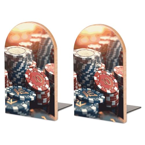 Casino Chips Book Ends for Shelves Heavy Duty Non-Slip Wooden Bookends with Metal Base Modern Decorative Wooden Book Holders Book Stopper for Home Office And Library,Books Shelf Holder Organizer Acces