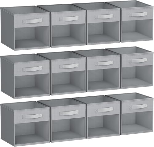 DIMJ Storage Cubes, Cube Oganizer Bin, 12 Pack Foldable Containers with Window, Closet Storage Bins with Handle, 12x 12 inch Storage Boxs for Clothes, Toys, Books (Grey) - color: Gray, size: 10.6 Inch.- 12 Pack