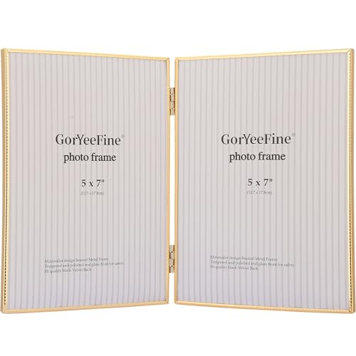 5x7inch Double Gold Metal Picture Frame with High-Definition Tempered Glass - Thin Edge with Beading Minimalist Design with Velvet Back, Tabletop & Wall Mount - color: Gold, size: 5x7''(Double)
