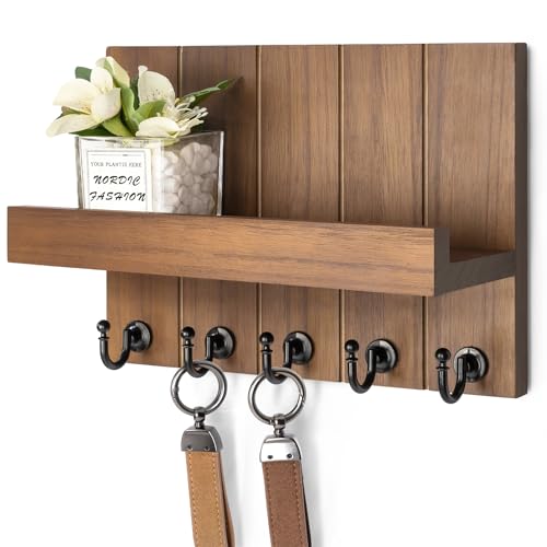 Rebee Vision Key Holder Wall Mount with 5 Key Hooks for Home Decor, Brown | 3.54'' x 10'' x 7.28'', Small Shelf for Display Plant, Key Hangers for Hat, Entryway Space-Saving Storage - color: Brown, size: 10 inches