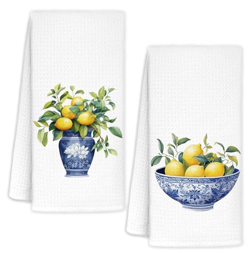 Lemon Kitchen Towels Set of 2, Italian Amalfi Coast Lemons Tree Dish Tea Towels for Kitchen Decor, Chinoiserie Amalfi Coast Decor Hand Towels for Bathroom, Lemon Gifts 16x24 Inch - color: Lemon