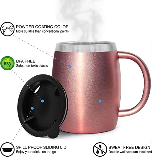 Stainless Steel Insulated Coffee Mugs Set of 2 (14 oz) – Double Wall Coffee Cups with Spill-Resistant Lid and Strong Handle, Shatterproof Cups for Cold Drinks & Hot Beverages - Rose Gold - color: Rose Gold