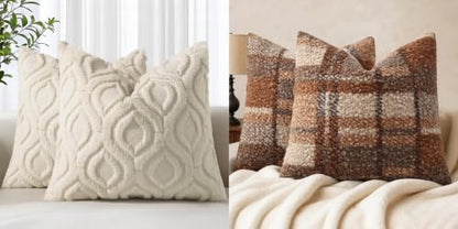 decorUhome Soft Plush Faux Wool Throw Pillow Covers 20X20 Inch Set of 2, Beige, Boucle Plaid Check Faux Fur Throw Pillow Covers 20x20 Inch Set of 2, Autumnal