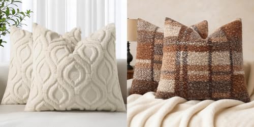 decorUhome Soft Plush Faux Wool Throw Pillow Covers 20X20 Inch Set of 2, Beige, Boucle Plaid Check Faux Fur Throw Pillow Covers 20x20 Inch Set of 2, Autumnal