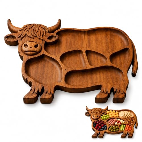 Highland Cow Serving Tray, Wooden Cow Charcuterie Board and Divided Snack Platter for Cheese, Fruit, Crackers, Appetizers, Farmhouse Kitchen Decor and Party Table, 1 Pack (Type-B) - color: Type-b