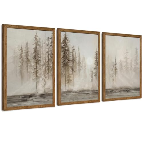 Urmoya 3 Pieces Scandinavian Pine Tree Neutral Forest Wall Art 20x30 in | Wood framed canvas, Forest scene, Nordic modern style, Ready to hang, for living room, hallway, office, or bedroom decor - color: Sunny Forest, size: 30"L x 20"W