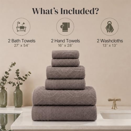 Modern Threads 6 Piece Cotton Bath Towel Set – Ultra Soft 550 GSM Towels – Bathroom Set with Hand Towels and Washcloths – Geometric (Classic Taupe) - color: Classic Taupe, size: Standard, style: Geometric