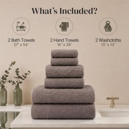 Modern Threads 6 Piece Cotton Bath Towel Set – Ultra Soft 550 GSM Towels – Bathroom Set with Hand Towels and Washcloths – Geometric (Classic Taupe) - color: Classic Taupe, size: Standard, style: Geometric