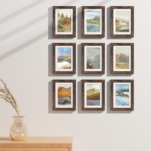 Vittanly 5x7 Picture Frames Set of 9, Shatter Resistant Plexiglass, Display 4x6 Pictures with Mat or 5x7 without Mat, Photo Frames for Wall or Tabletop, Engineered Wood, Brown | Display Pictures 4x6 with Mat or 5x7 without Mat, Small Photo Frames, Enginee