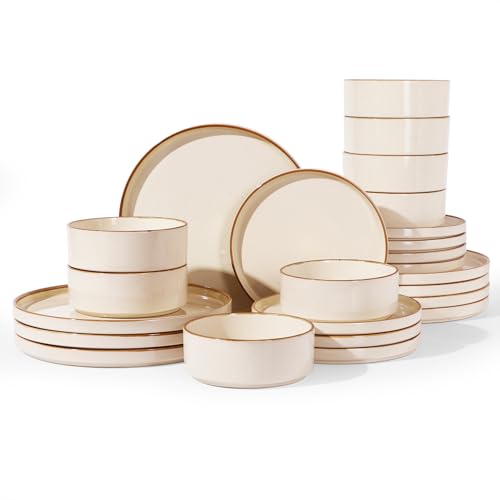Famiware Nebula 24-Piece Dinnerware Set, Vanilla White with Brown Rim | Stoneware Dish Set for 8, Plates and Bowls, Microwave and Dishwasher Safe, Chip and Scratch Resistant - color: Vanilla White with Brown Rim, size: Service for 8 (Standard Dinner Set)