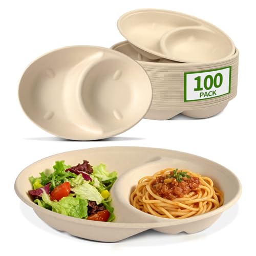 2 Compartment Bowls 100 Pack, Divided Disposable Chip and Dip Bowls | BPA Free Sugarcane Fiber Pulp Bowls, Compartment for Two Dishes, Serving Chips and Salsa, Snacks, Finger Foods - size: Compartment 9.3 x 6.5 x 1.6 inch
