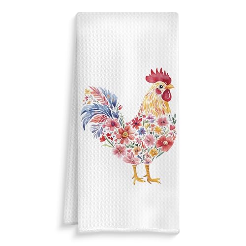 Rustic Floral Rooster Kitchen Towels, Gifts for Chicken Lovers Dish Tea Towels, Farmhouse Flower Chicken Decorative Hand Towel for Bathroom Kitchen, 16x24 Inch - color: Style1