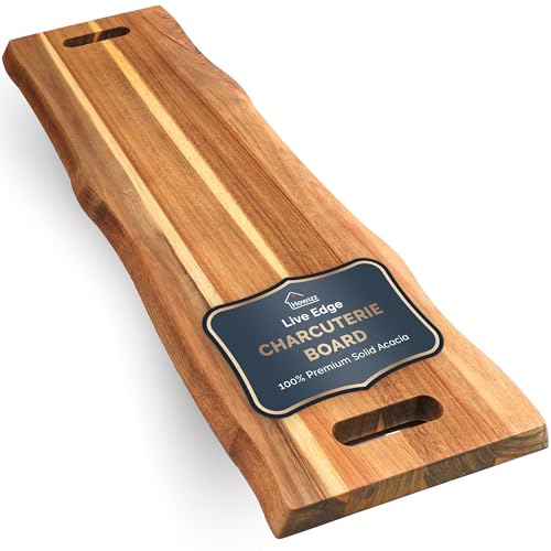 Howizz Extra Large Serving Board 36"x12" Live Edge Solid Acacia Wood Charcuterie Board with Handles, Charcuterie Board for Bread, Meat, Appetizers, Non Toxic Rustic Cutting & Serving Tray For Kitchen - color: Edge Grain, size: 36"L x 12"W