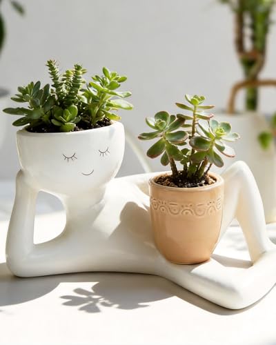 Funny Planters Pots Head Funny Cute Succulent Plant Pots Face Head Planter Unique Bathroom Planters Lazy Guy Little Character Flowerpot - Small Ceramic Pots for Indoor Plants with Drainage