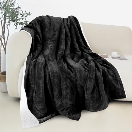 Elegant Comfort Reversible and Ultra-Plush Flannel Fleece Sherpa Throw- Lightweight Soft and Cozy- All Season Decorative Throw, Perfect for Lounging, 50 x 60 inches, Black - color: Solid Black, size: 50 X 60