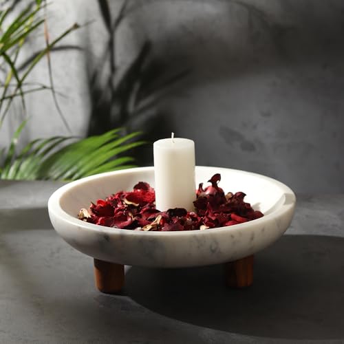Marble Fruit bowl with three wood legs | 11.8 inch dia footed bowl for kitchen counter | Use as centerpiece for dining table, key bowl for entryway table, or potpurri/decorations (Large)