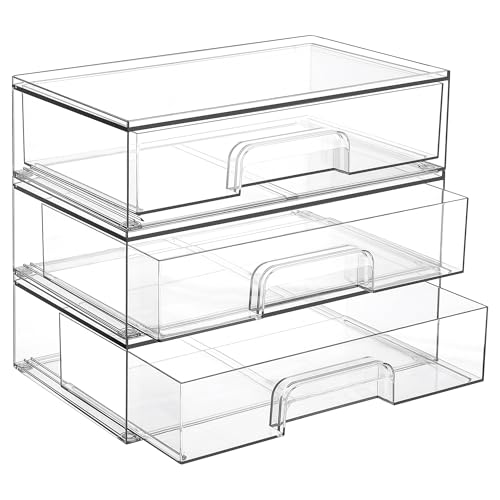 Vtopmart 12.1''W Clear Stackable Storage Drawers,3 Pack Acrylic Plastic Organizers Bins for Makeup Palettes, Cosmetics, and Beauty Supplies,Ideal for Vanity, Bathroom,Cabinet,Desk Organization | Clear Pull-Out Plastic Drawers, Stackable Design for Makeup