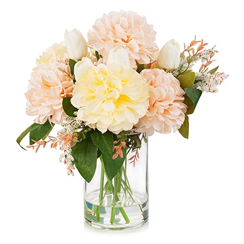 Artificial Tulips Flowers in Vase, Artificial Flowers Tulips Real Touch and Dahlia Silk Flower in Vase for Dining Table Decoration Wedding, Home Decor Indoor (Cream Pink) - color: T& D Cream Pink