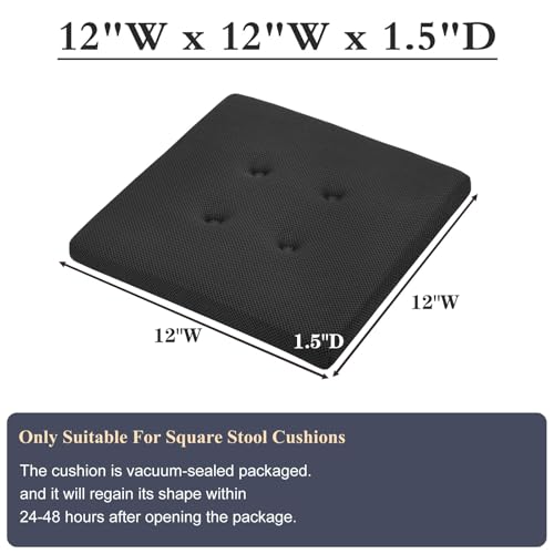 baibu 12 Inches Memory Foam Square Stool Cushions with Ties, Dual-Layer Design Breathable Square Chair Pads Seat Cushions with Non-Slip Bottom - One Pad Only (12", Black) - color: Pure Black, size: 12x12x1.5 Inch (Pack of 1)