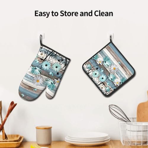 Daisy Floral Oven Mitts and Pot Holder Sets Rustic Wood Potholders Non-Slip Heat Resistant Oven Gloves for Kitchen Baking Cooking Grilling - color: Daisy Wood