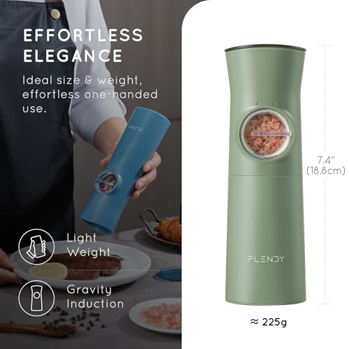 Flendy Gravity Electric Salt and Pepper Grinder Set with Charging Base | USB-C Charging Base, Gravity-Activated, Automatic, Rechargeable, Dust Cover, Large Capacity, Slim, Kitchen Housewarming Gift - color: Sage