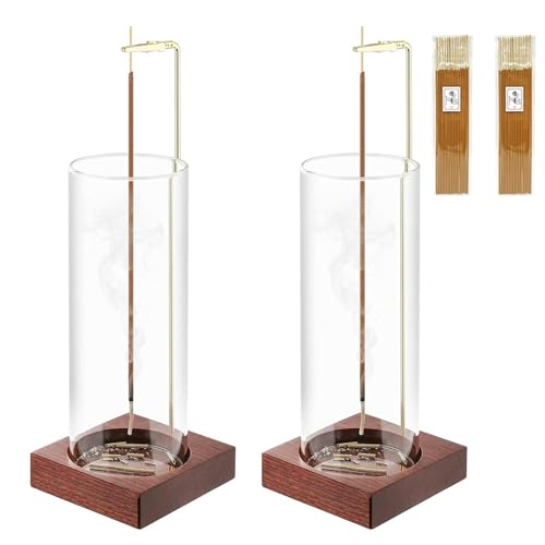 Incense Holder,Wooden Incense Holder for Sticks (Brown-2pc) | with 20 Incense Sticks, Anti-ash Incense Burner with Glass Ash Catcher for Meditation Yoga Spa Gift Home Decor - color: Brown-2pc