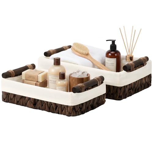 StorageWorks Small Bathroom Basket Organizer Back of Toilet Basket, Brown | Wicker Toilet Paper Baskets with Wooden Handles and Liner, Water Hyacinth Small Baskets for Organizing and Storage, 2 Pack - color: Brown (Water Hyacinth), size: 12"L x 7¾"W x 3¼"