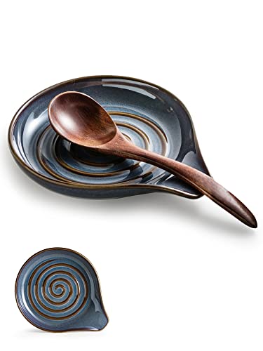Spoon Holder, Cooking Spoon Rest for Stove Top Utensil Rest for Spoons, Ladles, Tongs, Spatula, Large Spoon Holder with Handle for Easy Grip Framhouse Decor Cute Kitchen Gadget, Gray and Blue - color: Gray and Blue