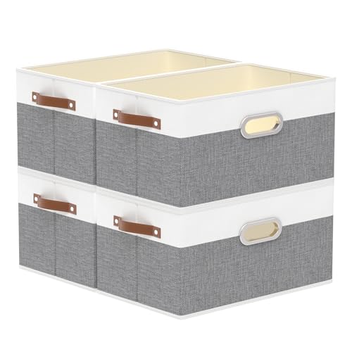 Yawinhe Collapsible Fabric Storage Bins,15.0x9.8x8.3in,White/Grey,4-Pack | Foldable Storage Baskets for Shelves, Closet Boxes for Organization, Washable Closet Organizer for Towels, Canvas Bins - color: White/Grey, size: 15.0x9.8x8.3inch(4-Pack)