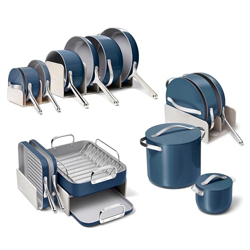 Caraway 31-Piece Non-Stick Ceramic Cookware Bundle | Fry Pans, Saucepans, Sauté Pan, Dutch Oven, Petite Cooker, Stir Fry, Rondeau, Stock Pot, Grill and Griddle Pans, Navy - size: 31pc Set