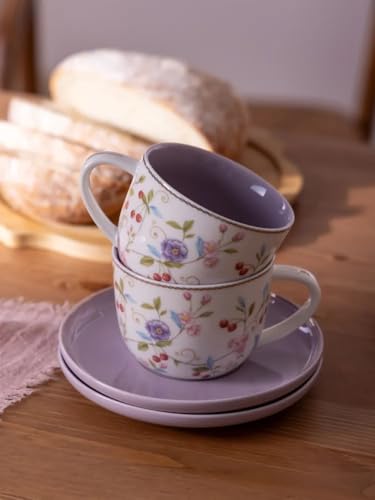 Porcelain Set of 2 Pastel Cups 8 oz with Saucers 5.75", Glamour by Marsseus Collection, Gift Box, Floral motif - color: Floral motif-1