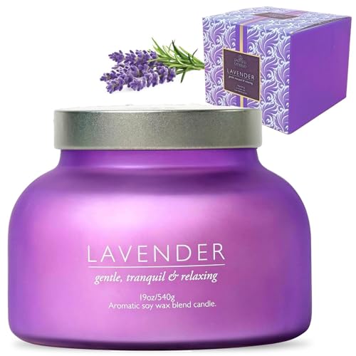 Lavender Candle 19oz Volcano Jar with Wooden Wick Upto 75 Hours Burn Time in a Large 4" x 5" Solid Purple Glass Jar in a Luxury Gold Foil Gift Box - color: Lavender 19, size: 19oz